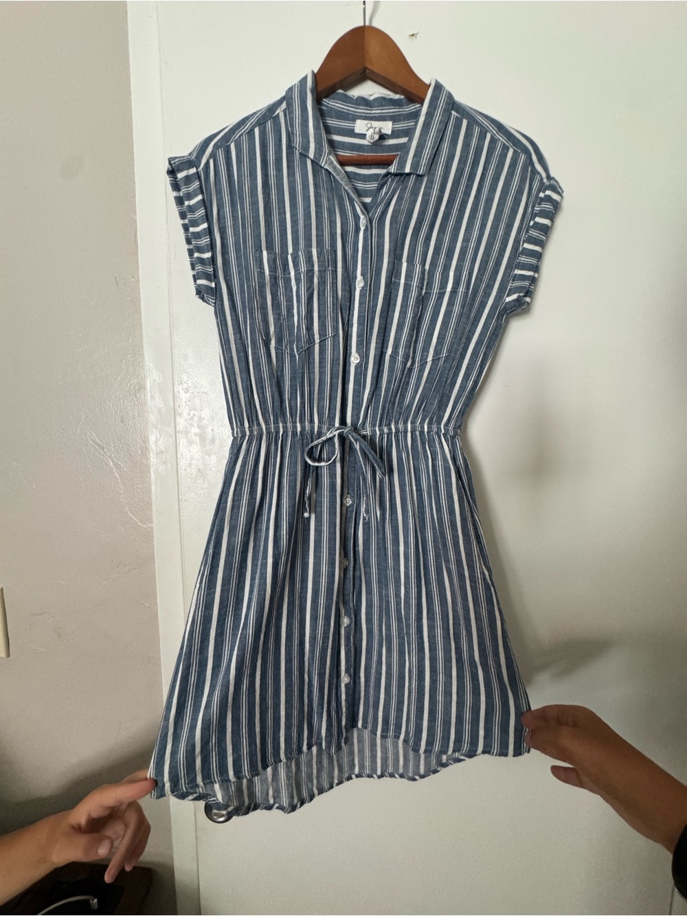 Japna Blue and White Striped Drawstring Shirt Dress